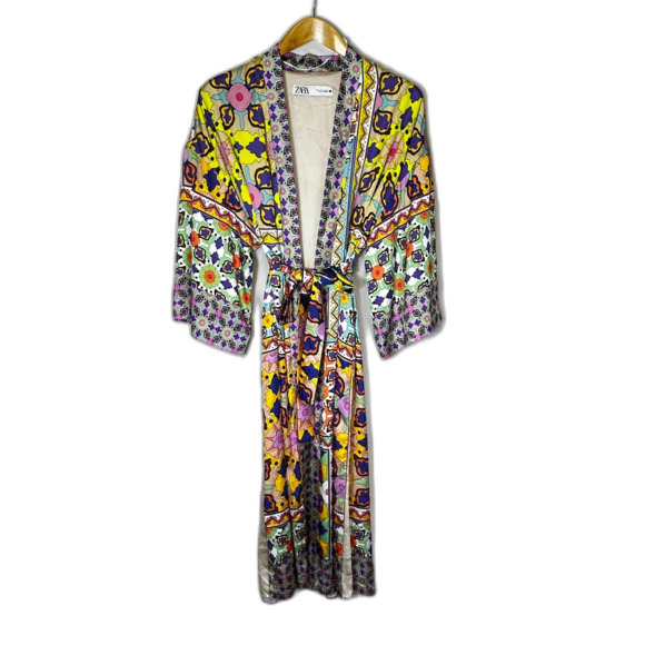 Zara Satin Effect Colorful Boho Floral Belted LS Kimono Duster Robe Size S - Picture 4 of 16